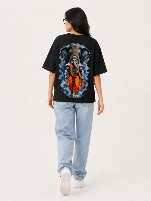 Women’s Black Oversized Lord Ganesha Printed T-Shirt, Loopknit 240 GSM Premium Fabric, Front Mandala Ganesha Graphic & Large Back Ganesha Artwork, Relaxed Loose Fit Half Sleeve Round Neck Graphic Tee, Stylish Spiritual Streetwear Top for Women, Casual Wear, Festive Wear & Ganesh Chaturthi