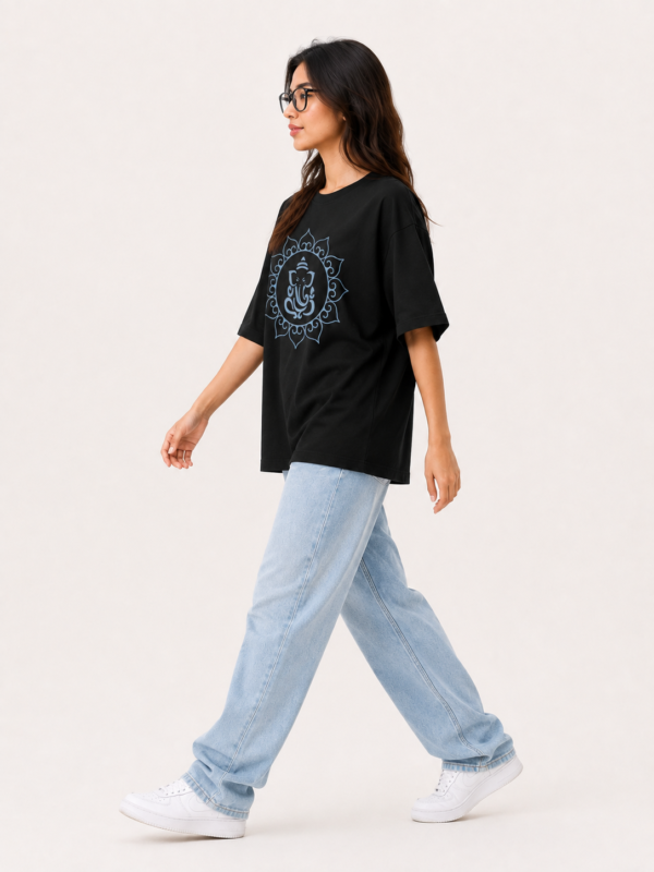 Women’s Black Oversized Lord Ganesha Printed T-Shirt, Loopknit 240 GSM Premium Fabric, Front Mandala Ganesha Graphic & Large Back Ganesha Artwork, Relaxed Loose Fit Half Sleeve Round Neck Graphic Tee, Stylish Spiritual Streetwear Top for Women, Casual Wear, Festive Wear & Ganesh Chaturthi