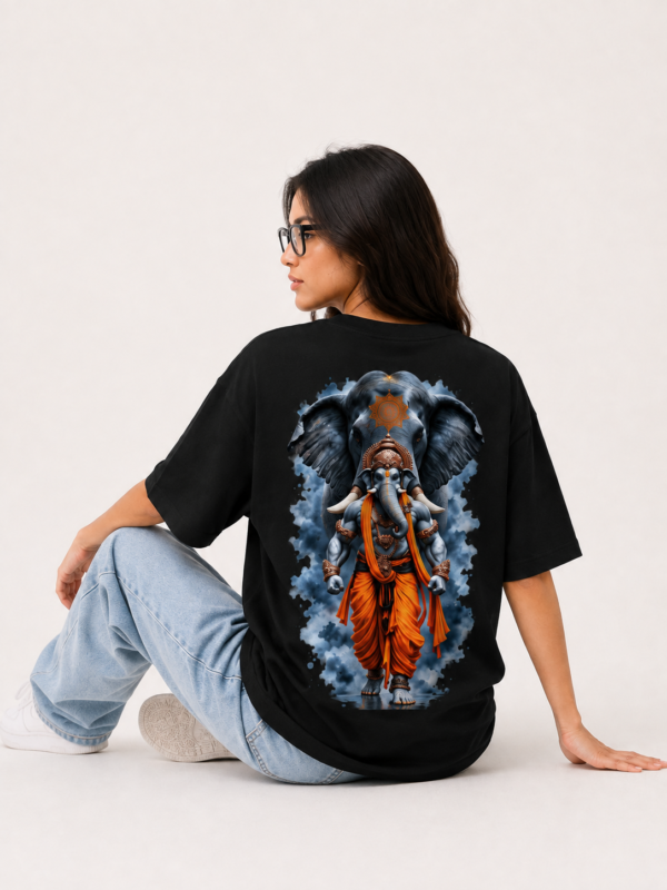 Women’s Black Oversized Lord Ganesha Printed T-Shirt, Loopknit 240 GSM Premium Fabric, Front Mandala Ganesha Graphic & Large Back Ganesha Artwork, Relaxed Loose Fit Half Sleeve Round Neck Graphic Tee, Stylish Spiritual Streetwear Top for Women, Casual Wear, Festive Wear & Ganesh Chaturthi