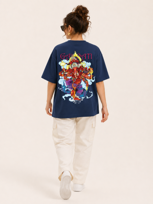 Women’s Navy Blue Oversized Lord Ganesha Printed T-Shirt, Loopknit 240 GSM Premium Fabric, Stylish Front Small Ganesha Logo & Large Colorful Back Graphic Print, Relaxed Loose Fit Half Sleeve Round Neck Graphic Tee, Trendy Spiritual Streetwear Top for Women, Casual Daily Wear, Festive Wear & Ganesh Chaturthi