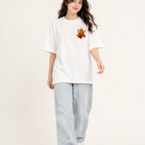 Women’s White Oversized Lord Ganesha Printed T-Shirt, Loopknit 240 GSM Premium Fabric, Front Small Ganesha Graphic & Large Back Print, Relaxed Loose Fit Half Sleeve Round Neck Graphic Tee, Stylish Spiritual Streetwear Top for Women, Festive Wear, Ganesh Chaturthi, College & Casual Outings
