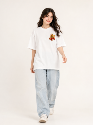 Women’s White Oversized Lord Ganesha Printed T-Shirt, Loopknit 240 GSM Premium Fabric, Front Small Ganesha Graphic & Large Back Print, Relaxed Loose Fit Half Sleeve Round Neck Graphic Tee, Stylish Spiritual Streetwear Top for Women, Festive Wear, Ganesh Chaturthi, College & Casual Outings