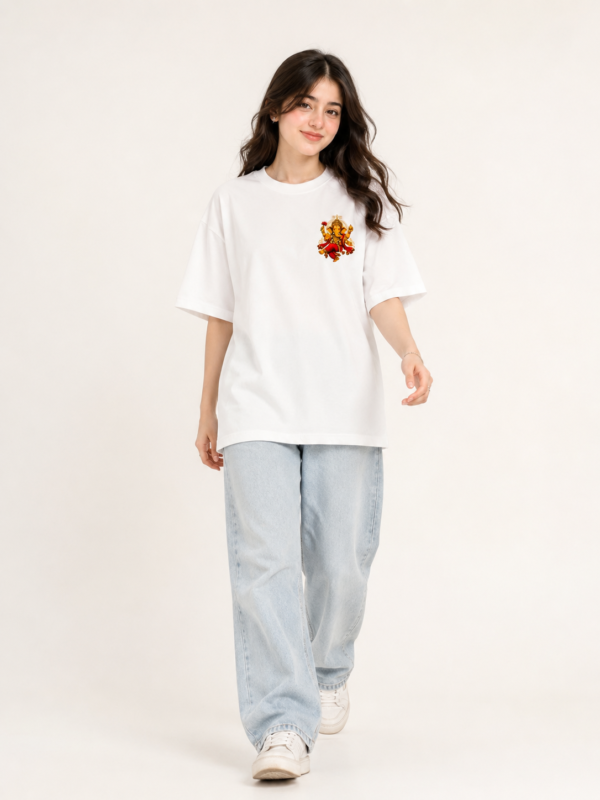Women’s White Oversized Lord Ganesha Printed T-Shirt, Loopknit 240 GSM Premium Fabric, Front Small Ganesha Graphic & Large Back Print, Relaxed Loose Fit Half Sleeve Round Neck Graphic Tee, Stylish Spiritual Streetwear Top for Women, Festive Wear, Ganesh Chaturthi, College & Casual Outings