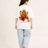 Women’s White Oversized Lord Ganesha Printed T-Shirt, Loopknit 240 GSM Premium Fabric, Front Small Ganesha Graphic & Large Back Print, Relaxed Loose Fit Half Sleeve Round Neck Graphic Tee, Stylish Spiritual Streetwear Top for Women, Festive Wear, Ganesh Chaturthi, College & Casual Outings