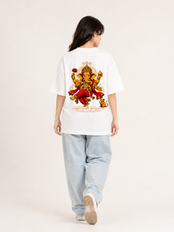 Women’s White Oversized Lord Ganesha Printed T-Shirt, Loopknit 240 GSM Premium Fabric, Front Small Ganesha Graphic & Large Back Print, Relaxed Loose Fit Half Sleeve Round Neck Graphic Tee, Stylish Spiritual Streetwear Top for Women, Festive Wear, Ganesh Chaturthi, College & Casual Outings