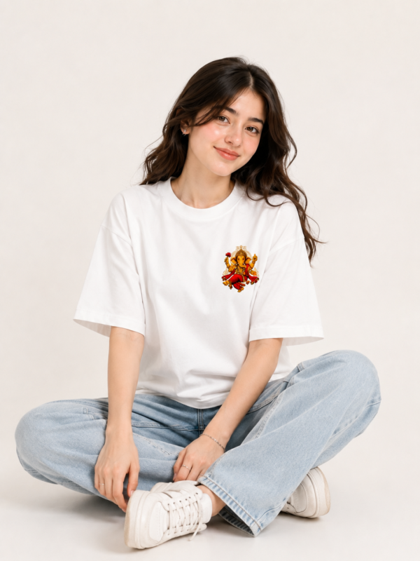 Women’s White Oversized Lord Ganesha Printed T-Shirt, Loopknit 240 GSM Premium Fabric, Front Small Ganesha Graphic & Large Back Print, Relaxed Loose Fit Half Sleeve Round Neck Graphic Tee, Stylish Spiritual Streetwear Top for Women, Festive Wear, Ganesh Chaturthi, College & Casual Outings