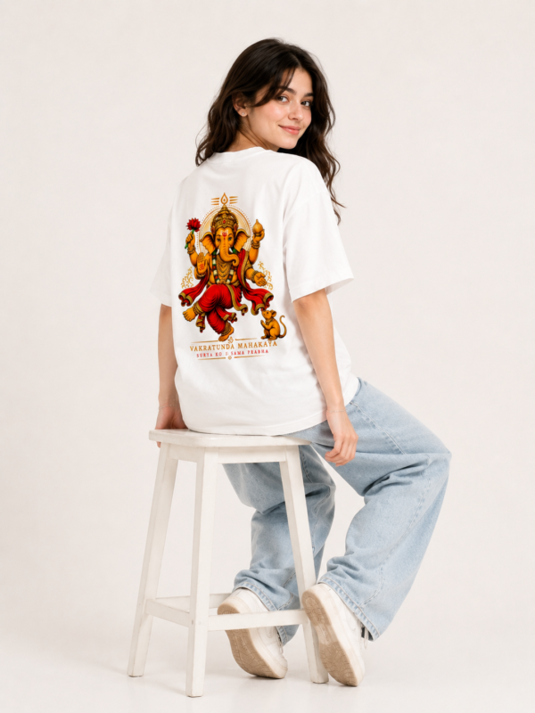 Women’s White Oversized Lord Ganesha Printed T-Shirt, Loopknit 240 GSM Premium Fabric, Front Small Ganesha Graphic & Large Back Print, Relaxed Loose Fit Half Sleeve Round Neck Graphic Tee, Stylish Spiritual Streetwear Top for Women, Festive Wear, Ganesh Chaturthi, College & Casual Outings