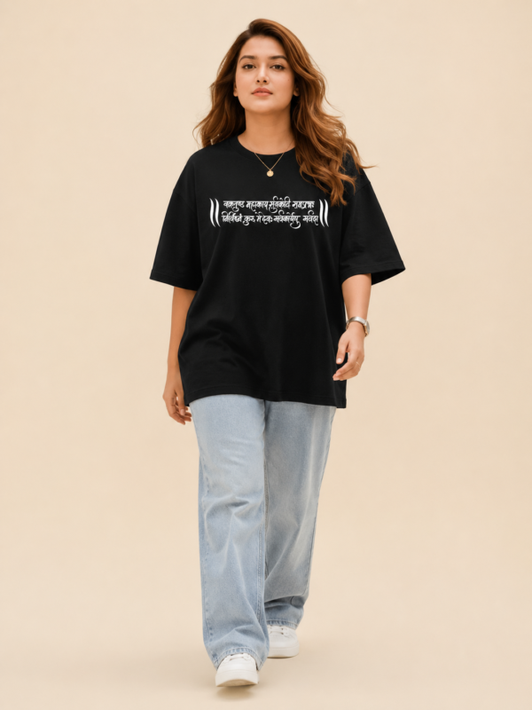 Women’s Black Oversized T-Shirt with Colorful Lord Ganesha Graphic Back Print & Sanskrit Text Front Design, Loopknit 240 GSM Premium Fabric, Relaxed Loose Fit Half Sleeve Round Neck Graphic Tee, Trendy Spiritual Streetwear for Women, Festive Wear, College & Casual Outings