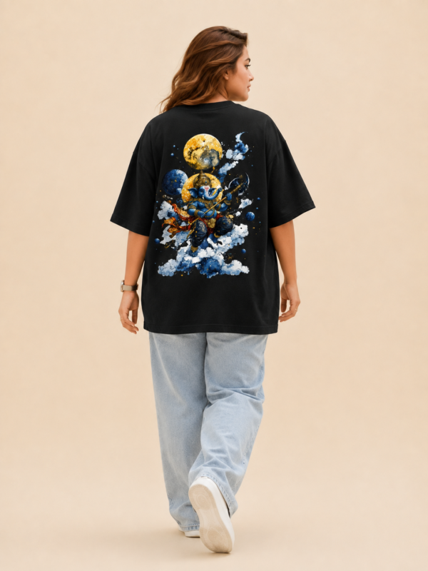Women’s Black Oversized T-Shirt with Colorful Lord Ganesha Graphic Back Print & Sanskrit Text Front Design, Loopknit 240 GSM Premium Fabric, Relaxed Loose Fit Half Sleeve Round Neck Graphic Tee, Trendy Spiritual Streetwear for Women, Festive Wear, College & Casual Outings
