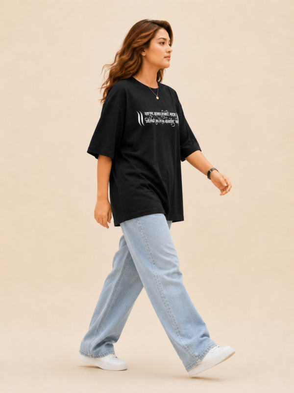 Women’s Black Oversized T-Shirt with Colorful Lord Ganesha Graphic Back Print & Sanskrit Text Front Design, Loopknit 240 GSM Premium Fabric, Relaxed Loose Fit Half Sleeve Round Neck Graphic Tee, Trendy Spiritual Streetwear for Women, Festive Wear, College & Casual Outings