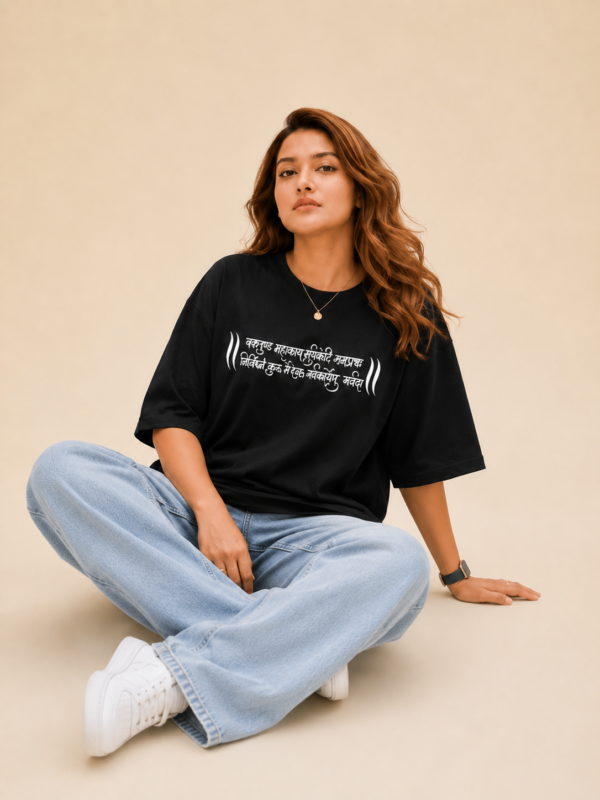 Women’s Black Oversized T-Shirt with Colorful Lord Ganesha Graphic Back Print & Sanskrit Text Front Design, Loopknit 240 GSM Premium Fabric, Relaxed Loose Fit Half Sleeve Round Neck Graphic Tee, Trendy Spiritual Streetwear for Women, Festive Wear, College & Casual Outings