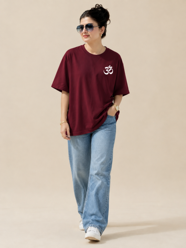 ChatGPT Image Sep 2, 2026, 10_33_44 AM Women’s Maroon Oversized T-Shirt with Lord Ganesha Back Print and Om Front Graphic, Loopknit 240 GSM Premium Fabric, Relaxed Loose Fit Half Sleeve Round Neck Casual Tee, Trendy Spiritual Streetwear Top for Women, Festive Wear, College, Outings & Everyday Styling