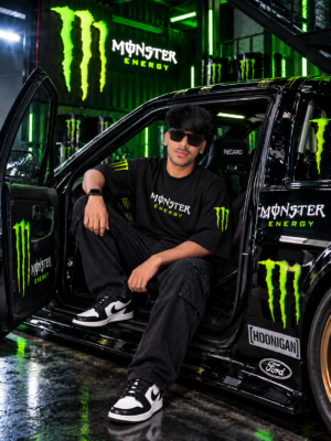 Men's Black Oversized T-Shirt with Monster Energy Inspired Graphic Print Design | Premium Loopknit 240 GSM Fabric | Heavyweight Relaxed Fit Half Sleeve Streetwear T-Shirt for Men
