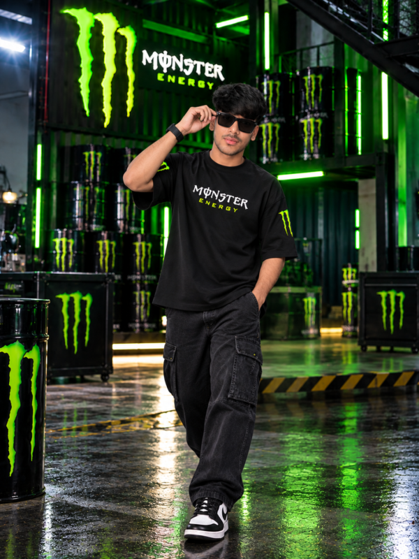 Men's Black Oversized T-Shirt with Monster Energy Inspired Graphic Print Design | Premium Loopknit 240 GSM Fabric | Heavyweight Relaxed Fit Half Sleeve Streetwear T-Shirt for Men