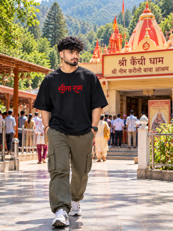 Men's Black Oversized T-Shirt with Sita Ram Front Print & Neem Karoli Baba Back Graphic Design | Premium Loopknit 240 GSM Fabric | Relaxed Fit Half Sleeve Spiritual Streetwear T-Shirt