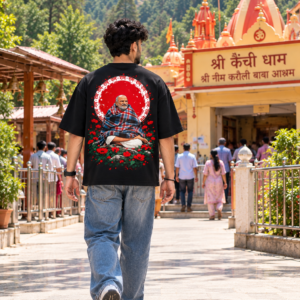 Men's Black Oversized T-Shirt with Sita Ram Front Print & Neem Karoli Baba Back Graphic Design | Premium Loopknit 240 GSM Fabric | Relaxed Fit Half Sleeve Spiritual Streetwear T-Shirt