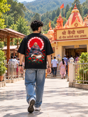 ChatGPT Image Sep 24, 2026, 10_40_31 AM Men's Black Oversized T-Shirt with Sita Ram Front Print & Neem Karoli Baba Back Graphic Design | Premium Loopknit 240 GSM Fabric | Relaxed Fit Half Sleeve Spiritual Streetwear T-Shirt