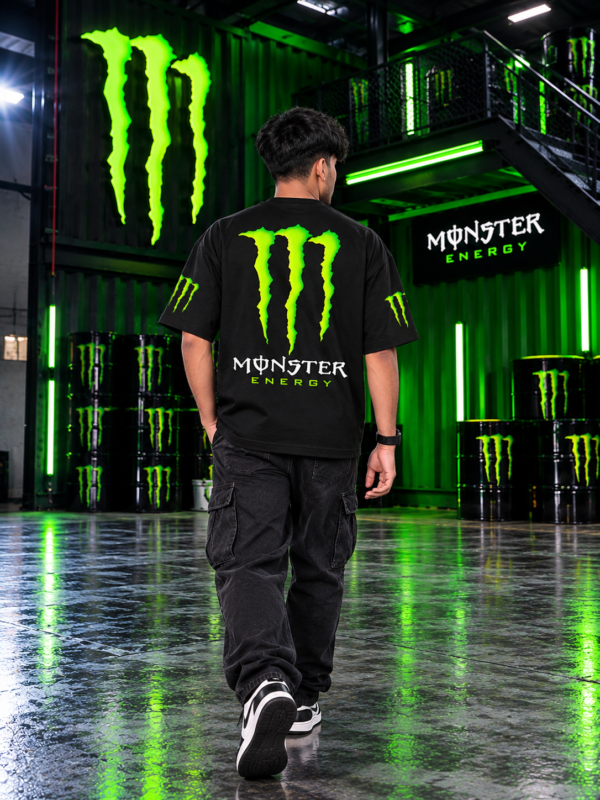 Men's Black Oversized T-Shirt with Monster Energy Inspired Graphic Print Design | Premium Loopknit 240 GSM Fabric | Heavyweight Relaxed Fit Half Sleeve Streetwear T-Shirt for Men