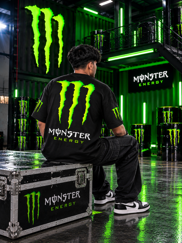 Men's Black Oversized T-Shirt with Monster Energy Inspired Graphic Print Design | Premium Loopknit 240 GSM Fabric | Heavyweight Relaxed Fit Half Sleeve Streetwear T-Shirt for Men